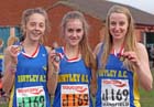 Birtley winners of the under-17 women, from left to right: Sophie Burnett, Lydia Turner and Danielle Elliott, National Cross Country Relays, Berry Hill Park, Mansfield. Photo: David T. Hewitson/Sports for All Pics